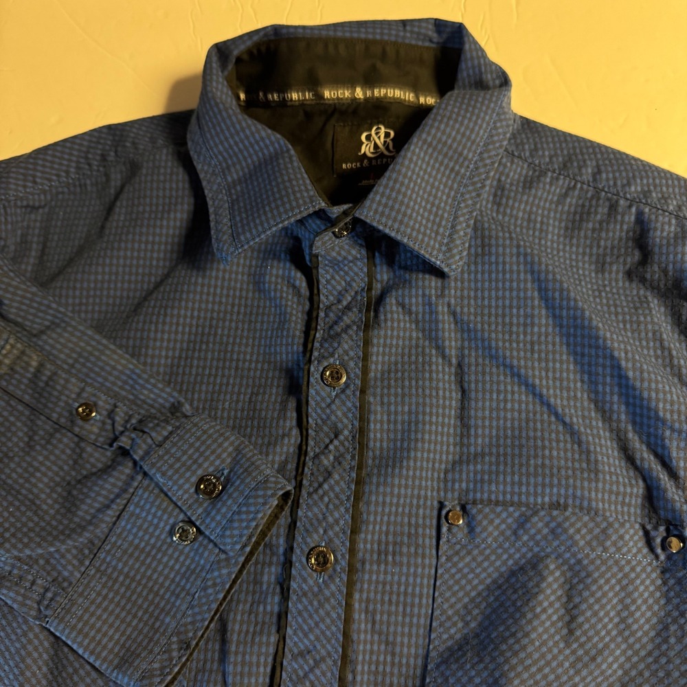Rock &‎ Republic Button Down Shirt Blue Checkered Long Sleeve Casual